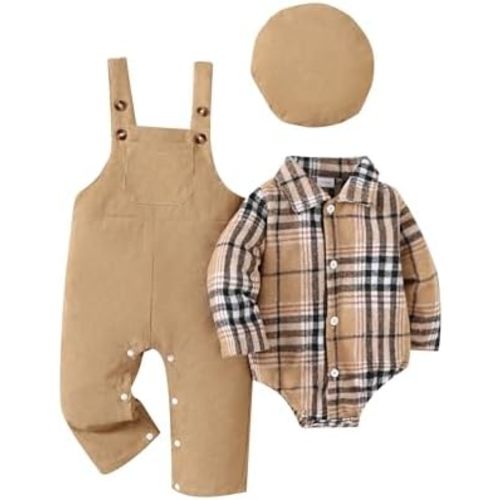 Renotemy Baby Boy Clothes Flannel Plaid Bodysuit+Corduroy Overalls+Beret Hat 3Pcs Fall Winter Outfits for 3-24 Months Boys