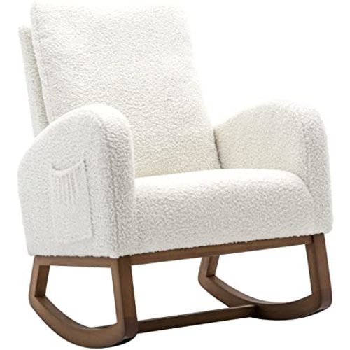 Dolonm Rocking Chair Mid-Century Modern Nursery Rocking Armchair Upholstered Tall Back Accent Glider Rocker for Living Room (White)
