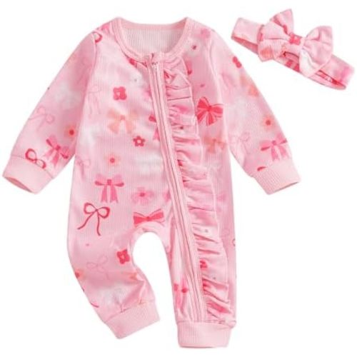Newborn Baby Girl Fall Waffle Romper Jumpsuit Bow Print Long Sleeve Zipper Ruffle Bodysuit with Headband Clothes Set