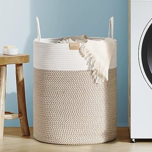 Laundry Hamper 62L,Large Laundry Basket for Clothes,Decorative Storage Basket for Blankets,Cotton Rope Woven basket for bedroom,Brown White
