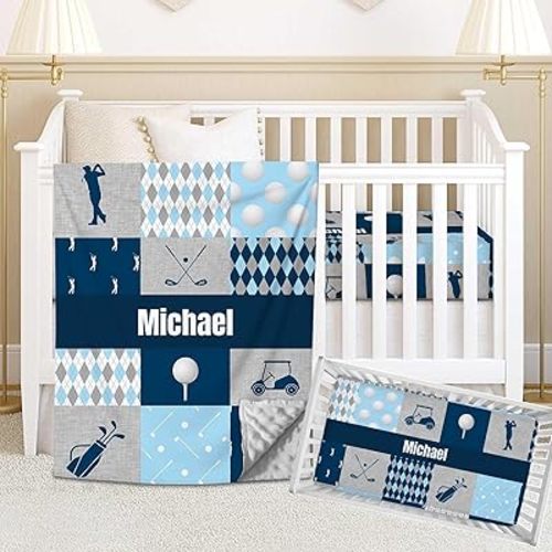 Personalized Crib Bedding Set for Baby Boys, Custom Baby Boy Crib Bedding Set with Name, Nursery Bedding, 2 Piece Crib Bedding Sets, Crib Comforter, Crib Fitted Sheets for Babies (Golf Theme)