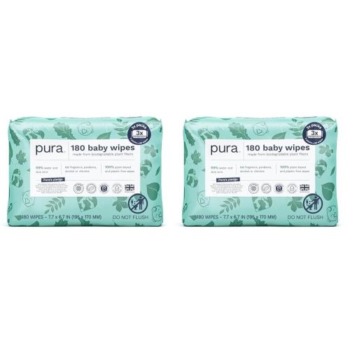 Pura Baby Wipes 3 x 60 per pack (180 Wipes) 100% Plastic-Free & Plant Based Wipes, 99% Water, Suitable for Sensitive & Eczema-prone Skin, Fragrance Free & Hypoallergenic, EWG, Cruelty Free (Pack of 2)