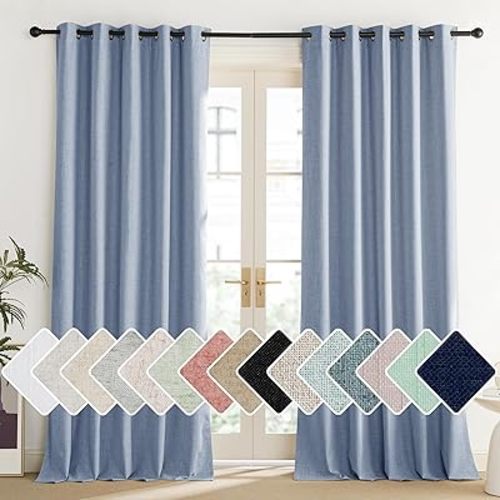NICETOWN Stone Blue Vintage Linen 100% Blackout Curtains for Living Room, Thermal Insulated Curtains 84" Long, Noise Reducing Window Treatment Drapes for Dining Room, 62" Wide Per Panel, Set of 2