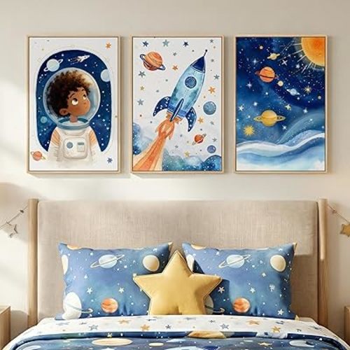Framed Space Themed Bedroom Wall Decor Set of 3, Whimsical Kids Astronaut Canvas Wall Art Prints, Galaxy Planet Rocket Pictures for Nursery Boys Girls Room Playroom Classroom Wall Decor, 16x24 Inch