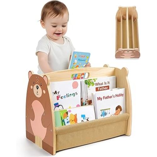 Toddler Bookshelf Double-Sided with 4 Tier Deep Sleeves Kids Wooden Montessori Book Rack for Baby Nursery Room, Playroom, Classroom or Bedroom Bookcase Storage Organizer, Brown Bear