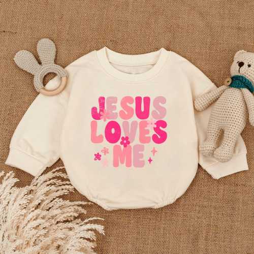 Jesus Loves Me Romper Sweatshirt, Christian Baby Gift, Baby Announcement, Baby Christian Outfit, Bible Verse Clothing, Religious baby