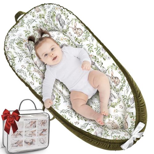 Baby Lounger, Ultra Breathable Soft Cotton Perfect for Tummy Time, Portable & Adjustable Infant Floor Seat for Traveling | Newborn Shower Gift- Rabbit