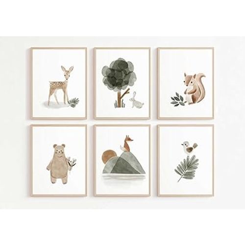6 Pieces Woodland Nursery Canvas Wall Art Neutral Sage Green Bohemian Minimalist Forest Animals Paintings Pictures Wall Decor Poster Print Artwork For Kids Room Baby Room Boys Girls Bedroom Frameless