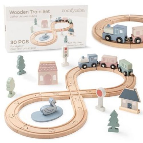 Comfy Cubs 30-Piece Wooden Train Set for Ages 1+, Toddler Train Set with Wooden Toy Tracks