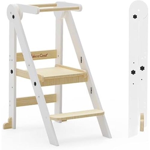 Taleco Gear Foldable Toddler Kitchen Stool Helper, 3 Adjustable Heights Wooden Kids Helper Tower - Collapsible Toddler Stool for Bathroom & Kitchen Safety (Nature)