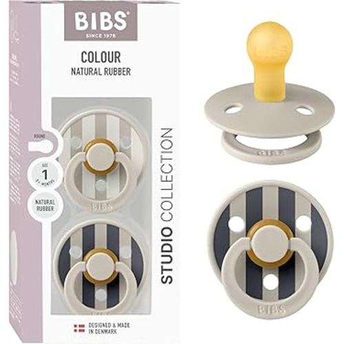 BIBS Pacifiers - Colour Studio 2 Pack | Round Nipple Baby Pacifier | BPA Free Natural Rubber Latex Soother | Made in Denmark | Size 0+ Months | Block Sand