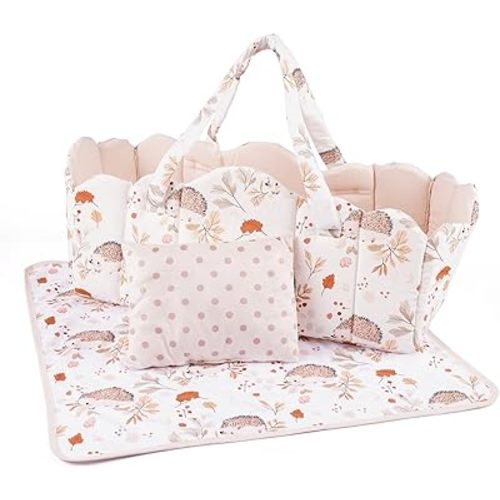 BABESIDE 3 Pcs Baby Doll Bassinet with Doll Bedding Set for 17-22 Inch Babydolls, Cute Animal Print Baby Dolls Crib with Blanket for Reborn Baby Doll Accessories, Off-White