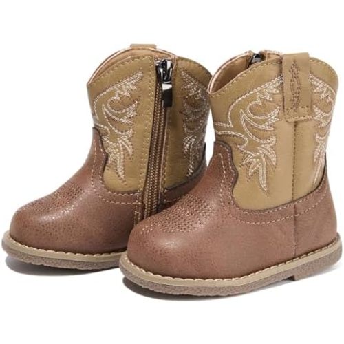 Newsonet Baby Cowboy Cowgirl Boots Infant Western Boots Toddler Boys Girls Round Toe Riding Mid Calf Boots All Seasons for 6 9 12 18 24 Months