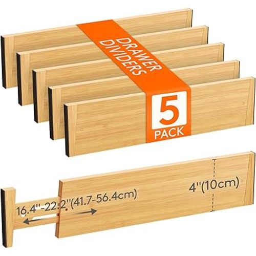 Lifewit 5 Pack Drawer Dividers Bamboo 4" High, 16-22" Adjustable Drawer Organizers for Clothes, Expandable Dresser Separators in Bedroom/Bathroom/Kitchen/Fridge/Office Organization and Storage