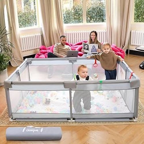 Baby Playpen 47"x47" Small Baby Playard for Babies and Toddlers Sturdy Baby Fence Anti-Slip Play Pen with Breathable Mesh, Zipper Play Yard for Indoor & Outdoor, Grey (without Mat)