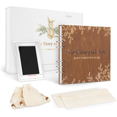 Wooden Keepsake Baby Memory Book Box Boys & Girls, First 5 Years Baby Milestone Book Gender Neutral Journal Memory Scrapbook, Baby Shower Keepsake Gift Set (Included Ink Pad/Keepsake Bags/Envelopes)