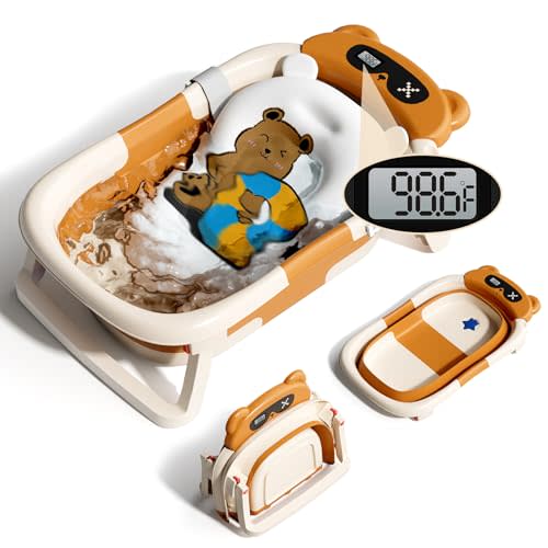 Kerbwry Collapsible Baby Bathtub for Newborn to Toddler (0-24 Months), Portable Baby Tub with Thermometer, Baby Bath Tub for Infants with Floating Cushion, Brown