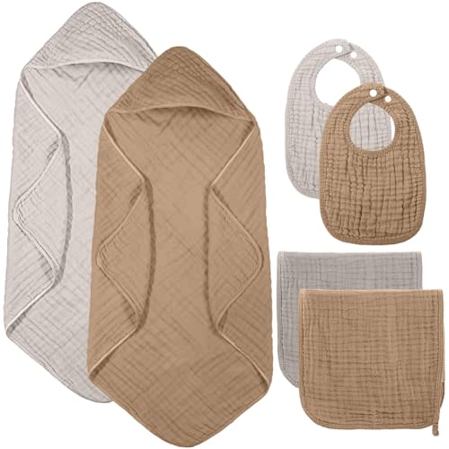 Hahafelt 6 Pcs Baby Hooded Towels Washcloths and Bibs Set Muslin Cotton Soft Absorbent Baby Bath Towels for Boys Girls Newborn Infant Essentials(Brown, Beige)