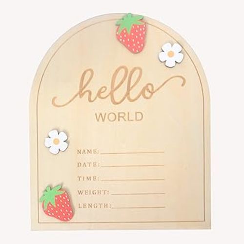 KOJIN Strawberry Wooden Hello World Sign, 6.9 x 5.8 x 0.125 inches, Rustic Newborn Welcome Sign, Fruit Theme, Tabletop Mount, Wood Material, DECORATIVE SIGNAGE