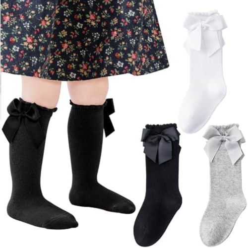 Mini Angel Baby Knee High Socks - Toddler Long Cotton Tube Stockings With Bow Ruffles for Girls - Infant Dress Socks
