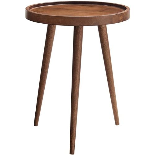 Modway Chiro Solid Wood Side Table in Walnut with Tray Top - Mid-Century Modern Round Accent Table - Small Bedside Table with Tapered Legs - Living Room End Table