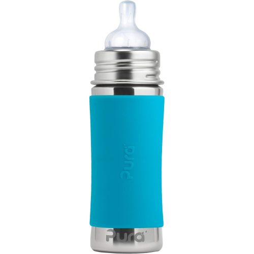 Pura Kiki 9oz/275ml Stainless Steel Infant Bottle w/Sleeve, Anti-Colic, 100% Plastic-Free, MadeSafe Certified, Medical-Grade Silicone, Medium-Flow Nipple, for Babies 3 Months & Up - Aqua