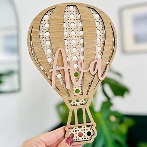 Personalized Hot Air Balloon Wooden Baby Name Sign, Hot Air Balloon Wall Decor Boho Wooden Sign Nursery Home Decor for Nursery Bedroom, 3D Wooden Layered Handmade Letter Wall Decor