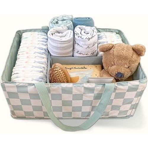 Tiny Twinkle Diaper Caddy Organizer | Foldable Baby Storage Basket with Removable Divider | Waterproof & Mess-Proof Fabric, Portable Nursery Organizer for Newborn Essentials (Sage Checkers)