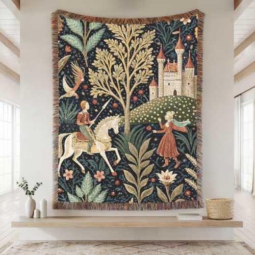 Fairytale woven blanket, fairytale tapestry, Storybook castle throw, Enchanted forest blanket, Princess fairytale blanket,Knight and castle