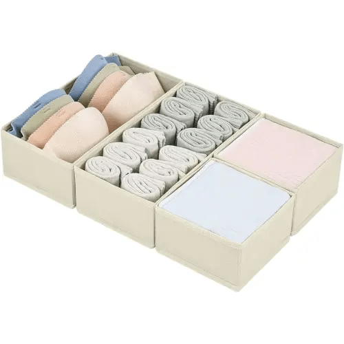 DIMJ Drawer Organizers Clothes, Set of 4 Dresser Organizer Bins, Fabric Closet Organizers and Storage, Shallow Drawer Dividers for Nursery, Clothing, Baby Clothes, Socks, Underwears, Tie (Beige)