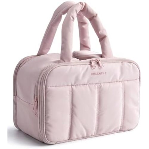 BAGSMART Travel Toiletry Bag, Puffy Large Toiletry Bag for Women, Lightweight Cosmetic Makeup Bag Organizer with Handle for Traveling, Accessories, Essentials, Toiletries (Pink)