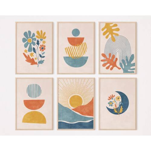 Boho gallery wall art set of 6 prints, Blue terracotta and yellow wall art, Modern sun and moon art, Abstract mid century wall art
