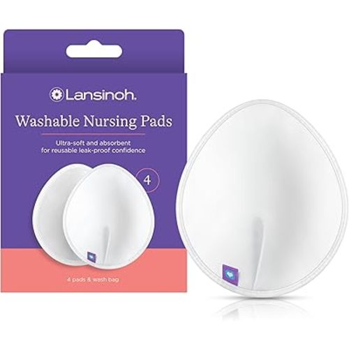 Lansinoh Reusable Nursing Pads, Nursing Essentials for Breastfeeding Mothers, 4 Absorbent Nursing Pads With Mesh Wash Bag, White Pads