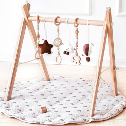 Wooden Baby Play Gym with Mat, Foldable Baby Play Gym Frame Activity Gym Hanging Bar with 6 Gym Baby Toys Rainbow Playmats for Newborn Baby (Natural)
