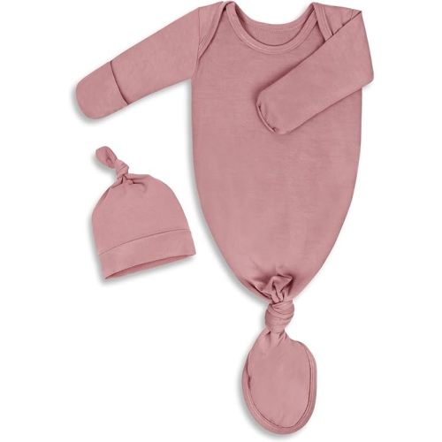 Newborn Knotted Baby Gown 0-6 Months, Super Soft Breathable Nightgowns for Babies Girl and Boy, Baby Girls Coming Home Hospital Outfit with Hat Set Pink