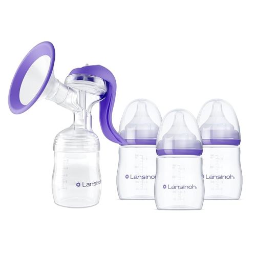 Lansinoh Manual Breast Pump, Hand Pump for Breastfeeding, Includes 5oz Baby Bottle + Baby Bottles for Breastfeeding Babies, Newborn Essentials, 5oz, 3 Ct, Includes 3 Slow Flow Nipples (Size 2S)