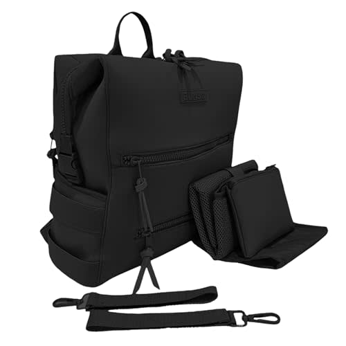 BUNSO Baby Neoprene Diaper Bag, Minimalist Backpack Diaper Bag with Pouch, Changing Pad, and Stroller Straps, Water Resistant and Lightweight Dad Diaper Bag, Diaper Bag Backpack, Black