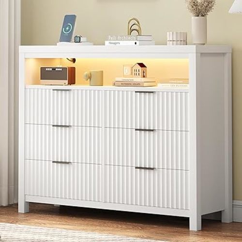 White Dresser for Bedroom with 6 Drawers, Modern Dresser for Closet with Power Outlet and LED Lights, Wooden Chest of Drawers Store Organizer for Living Room, Hallway