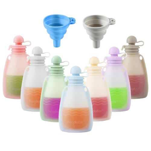 PandaEar Reusable Silicone Baby Food Pouches, 7 Pack Squeeze Pouches for Toddler Kids, BPA-Free Silicone Refillable Baby Food Storage, 5.5 oz /150 ml