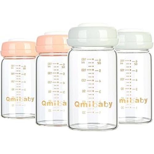 Breast Milk Storage Bottles 180ml 6oz BPA-Free Leak-Proof Baby Bottle for Breastmilk Storage Wide Neck Bottles with Screw Ring Sealing Disk Breastfeeding (Grey+Pink, 180ml-4Packs)
