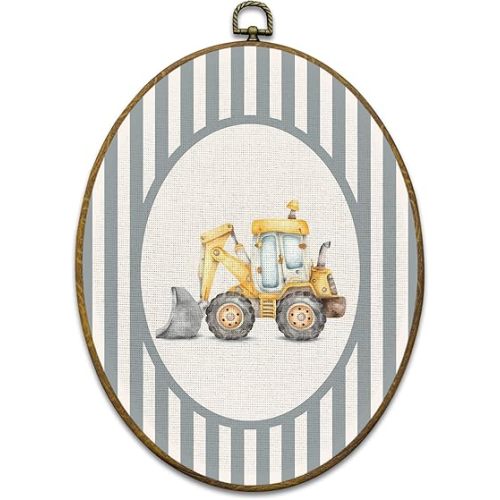 Vintage Truck Boy Nursery Wall Art Decor, Kids Framed Canvas Prints 8.6x11.4, Blue Striped Truck Vehicle Oval Wall Hanging Artwork Decorations for Kids Boy Nursery Toddler Room Playroom