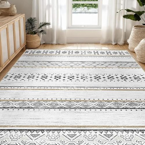 BESTSWEETIE 5x7 Area Rugs for Living Room Washable Moroccan Farmhouse Neutral Geometric Low Pile Non-Slip Soft Print Pattern Rug for Bedroom Kitchen Dining Room Entryway Black/Brown/Navy