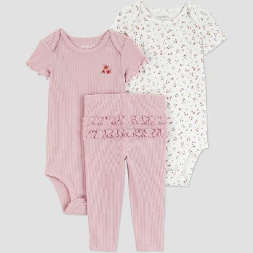 Carter's Just One You® Baby Girls' 3pc Floral Short Sleeve Bodysuits and Ruffle Leggings Set - Pink 3M
