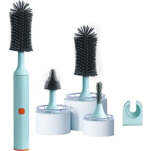 Electric Baby Bottle Brush Cleaner Set with Rechargeable Automatic Brush & Silicone Nipple/Straw Cleaners, Newborn Bottle Cleaning Kit - Perfect (Blue)