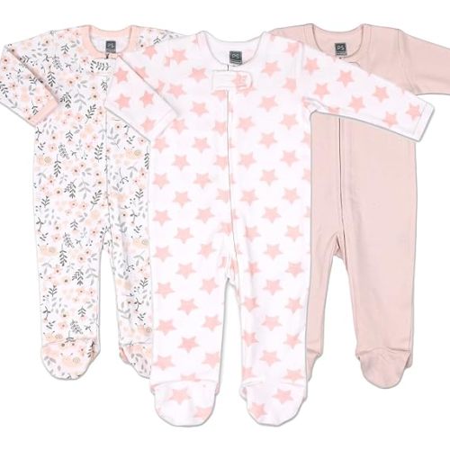 The Peanutshell Baby Sleepers for Girls Set of 3 - Soft Cotton Footed Pajamas for Newborns, Infants & Toddlers - Flower