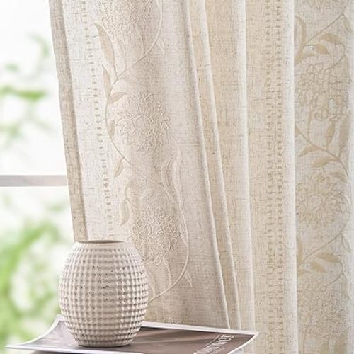 jinchan Linen Curtains for Bedroom 90 Inches Length Linen Blended Embroidered Floral Curtains for Living Room Farmhouse Decor Light Filtering Window Treatments Ivory on Beige Drapes 2 Panels