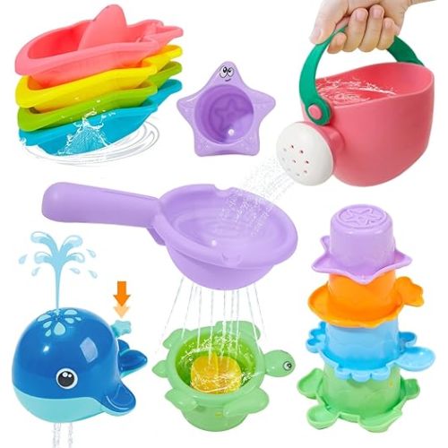 Mold Free Bath Toys, 11PCS | Safe Easy Clean & Fun Floating Boats & Spoon & Watering Can and Whale Bath Toy for Babies 12+ Months | Colorful Bathtub Pool Water Table Sand Toys for Babies and Toddlers