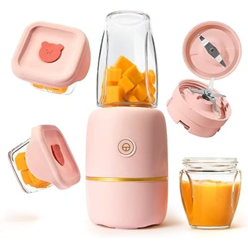 Bubble Blender, Baby Food Maker & Puree Blender with 2 Borosilicate Glass Cups, Compact Baby Bullet for Smoothies, Hands-Free One-Touch, 200W Motor, Rose