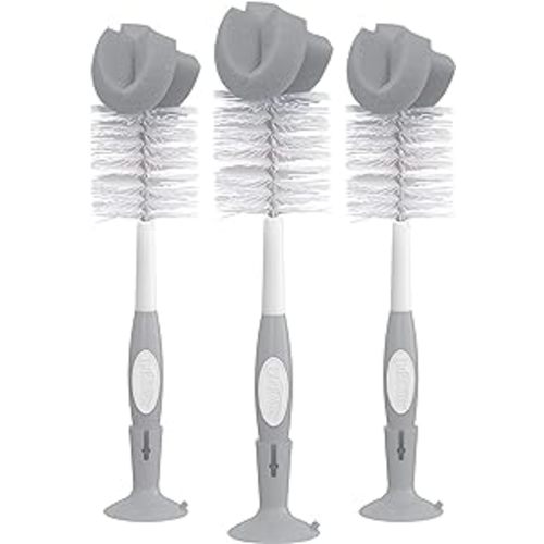 Dr. Brown's Reusable Sponge Baby Bottle Cleaning Brush Set with Suction Cup Stand, Scrubber and Nipple Cleaner, Gray, 3 Pack
