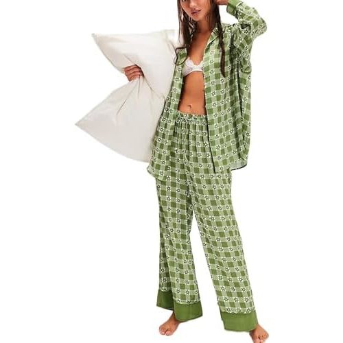 Women Satin Pajama Set Floral Silk Pajamas 2 Piece Lounge Sets Button Down Shirts Wide Leg Pants Pjs Sleepwear